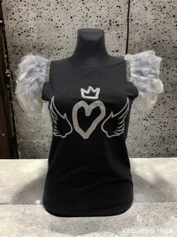 Camiseta-Corazón-Corona-Alas-Plata-plumas
